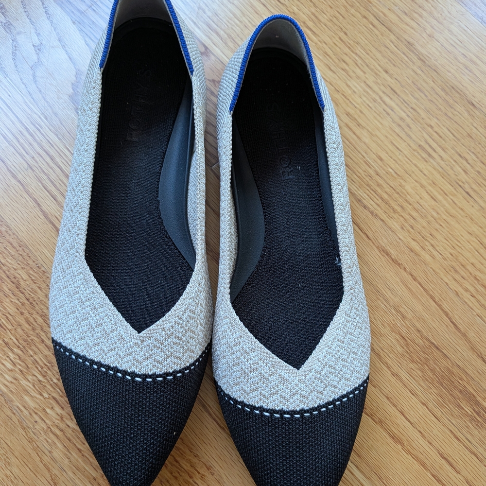 Rothy's Black and Cream Flats with Blue Accent